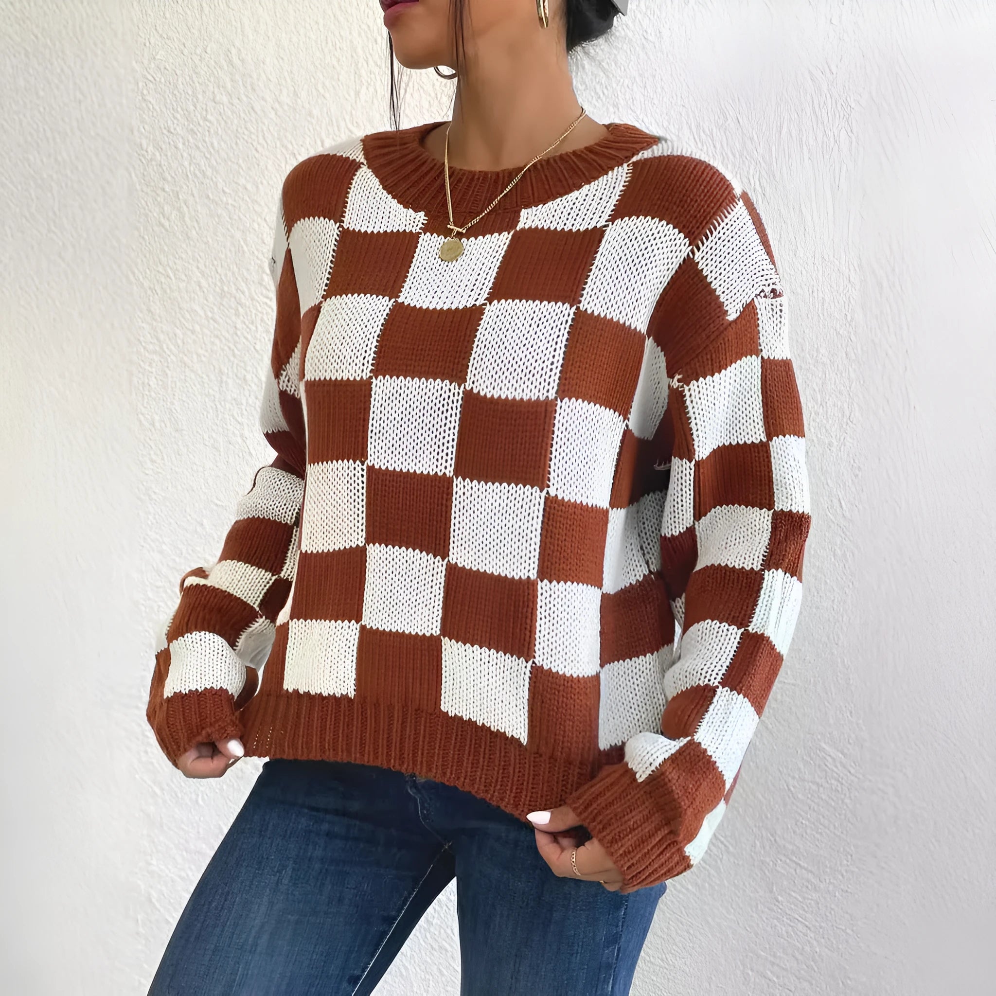 Dark brown plaid acrylic pullover sweater with loose round neck and long sleeves in Japanese casual style