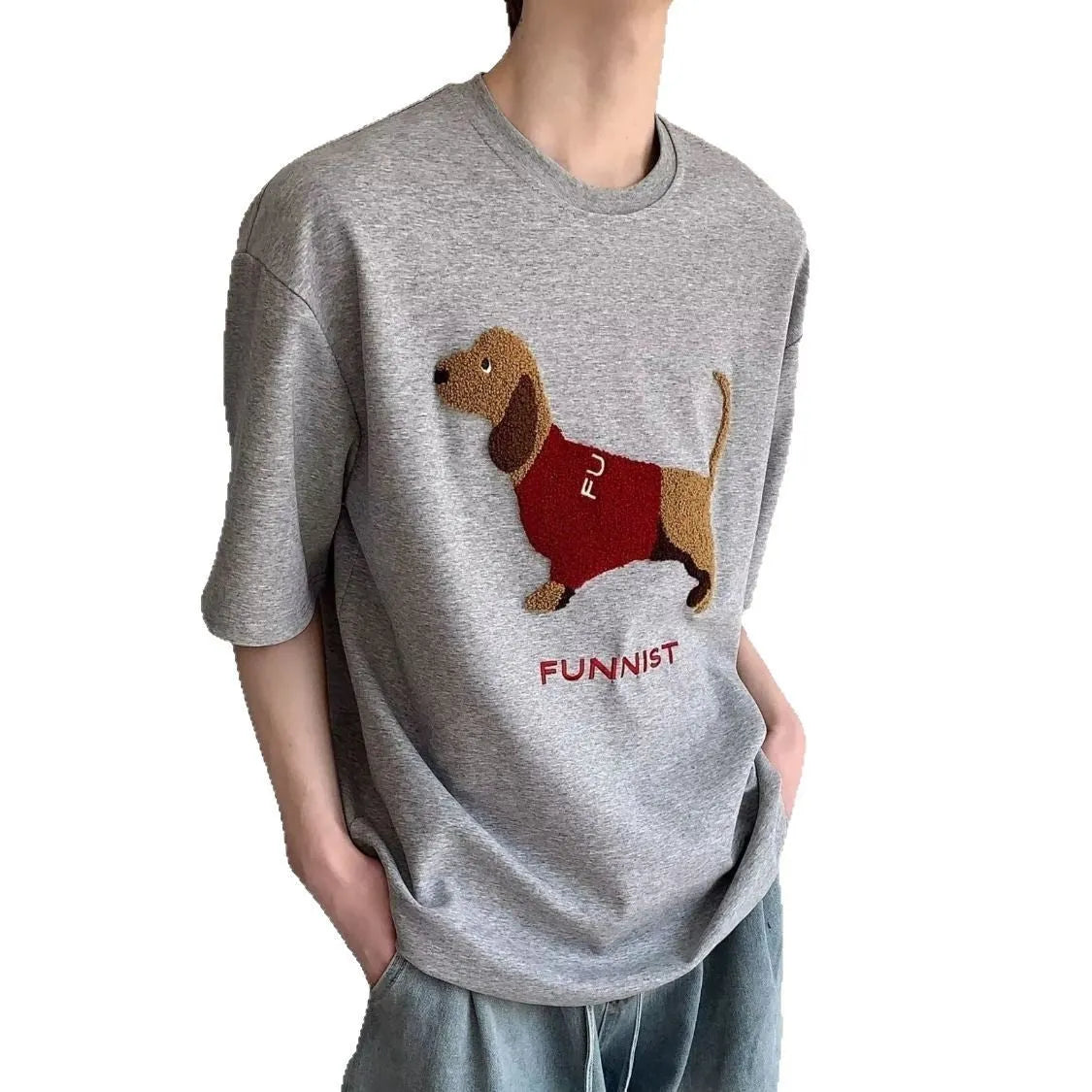 Grey men's round neck T-shirt with an embroidered brown sausage dog design on the front.