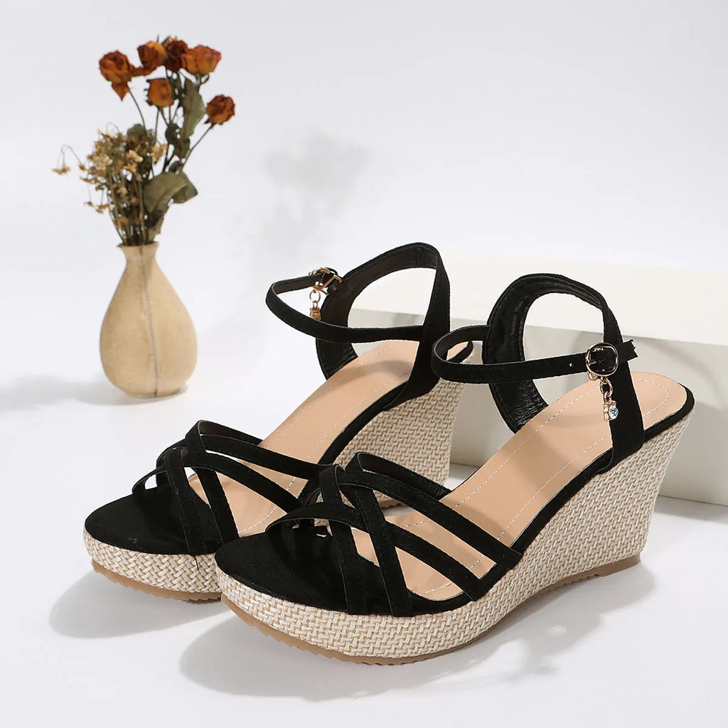 Women's wedge sandals with fish mouth toe bracket in black cloth