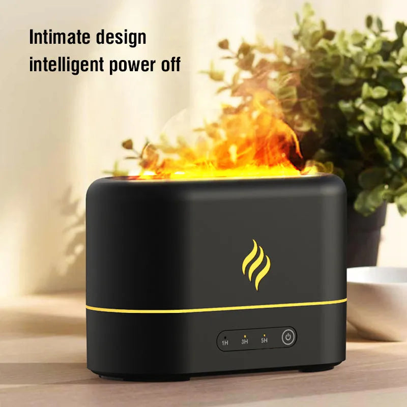 Black USB-powered humidifier diffuser with seven-colour flame effect lighting and mist outlet