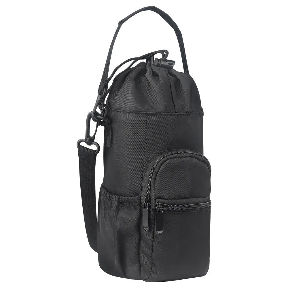 Soft cloth water bottle pouch with adjustable strap shown in black, green, and pink colour options.