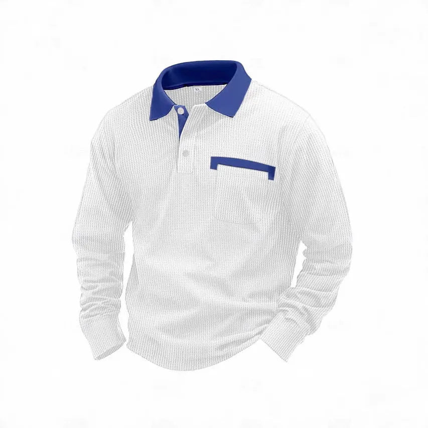 Man wearing a long-sleeved waffle-knit polo shirt in an asymmetric design, shown in a solid colour.
