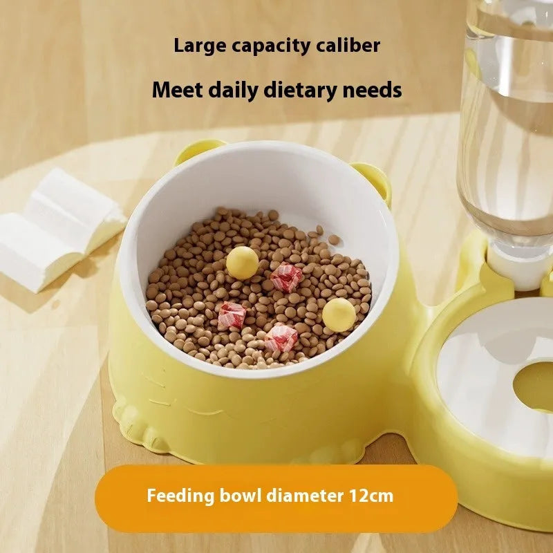 Automatic drinking pet fountain with two plastic food bowls in haze blue colour