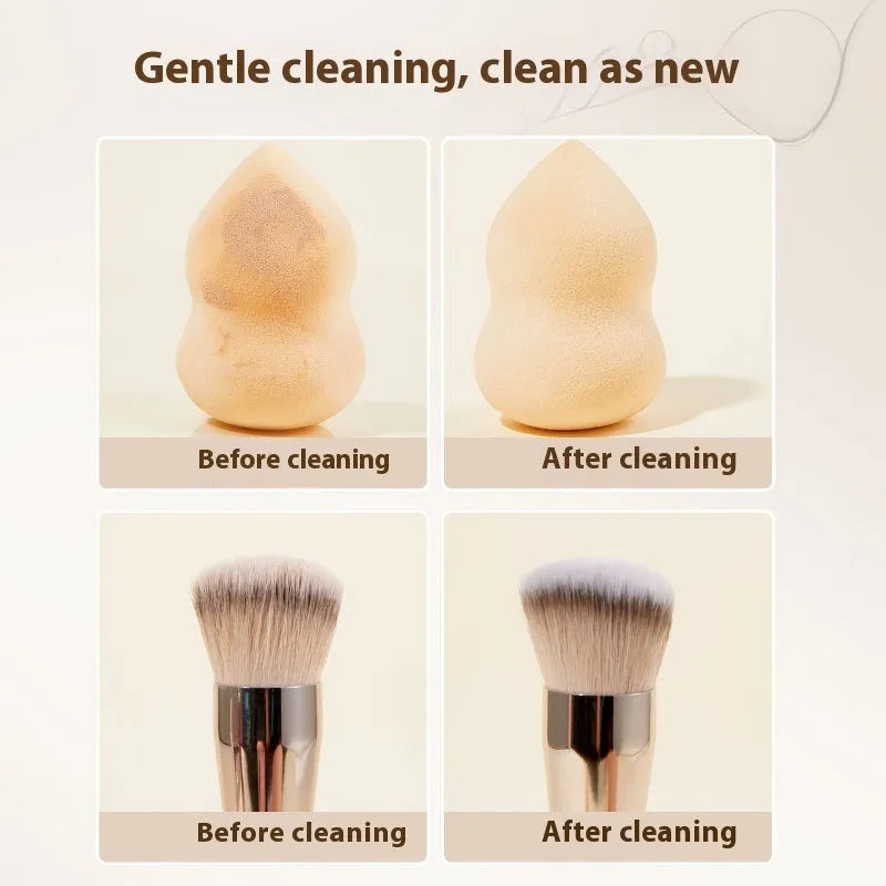 Makeup tool cleaning set showing 80ml detergent and 75ml wash-free spray bottles