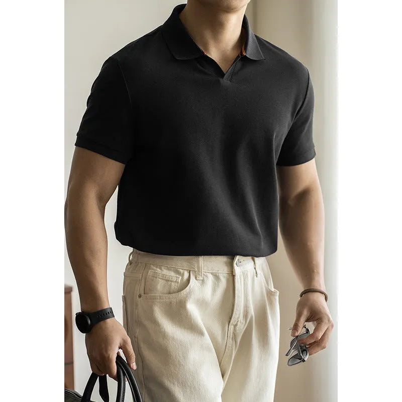 Men's short-sleeve cotton polyester polo shirt in blue, black and white colours showing regular fit design