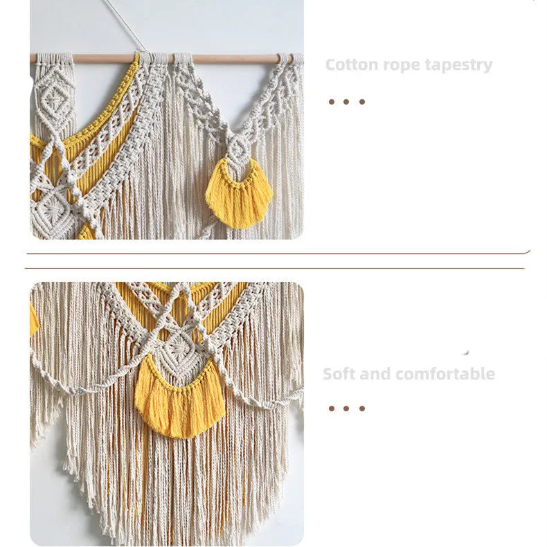 Nordic style cotton woven tapestry rectangle wall hanging 120x95cm creamy-white with yellow accents