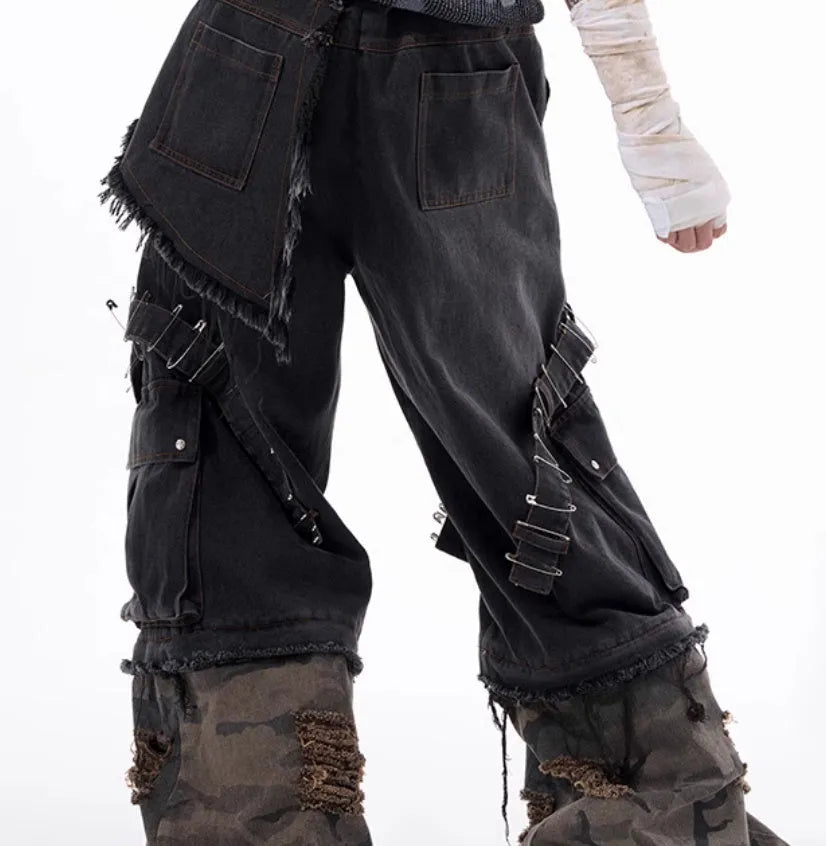 Grey men's jeans with camouflage pattern and ribbon splicing details on cotton denim.