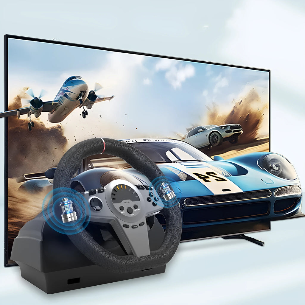 Black multi-platform steering wheel game controller with two pedals and LED display
