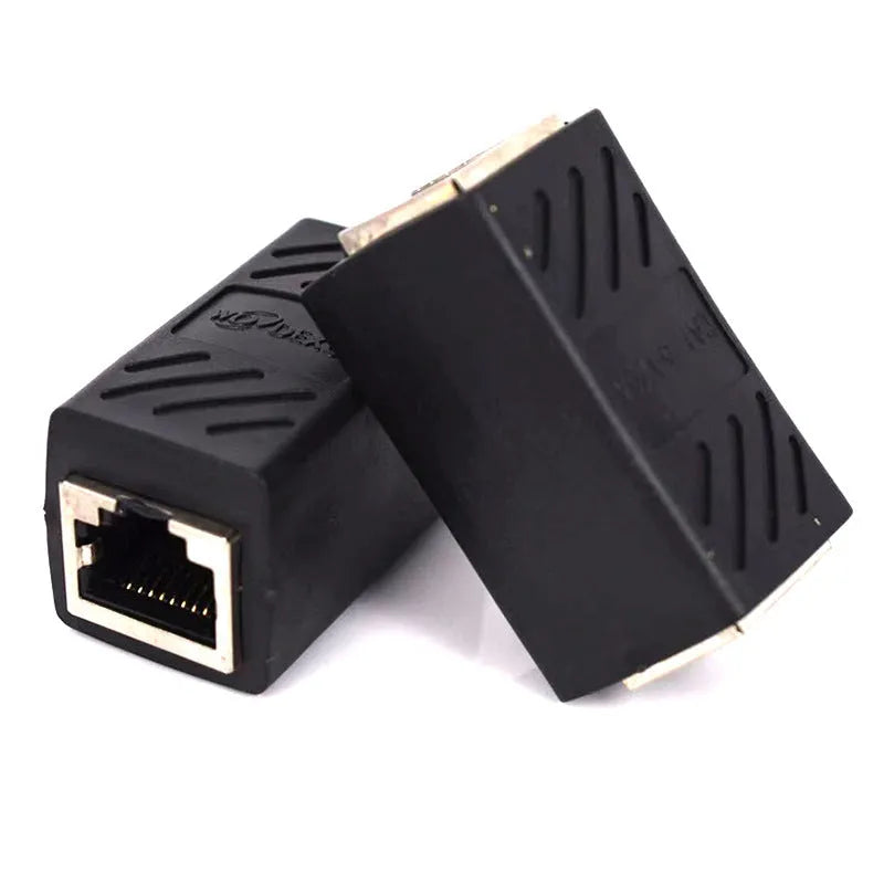 Black RJ45 coupler adapter with rotary union for extending Ethernet network cables