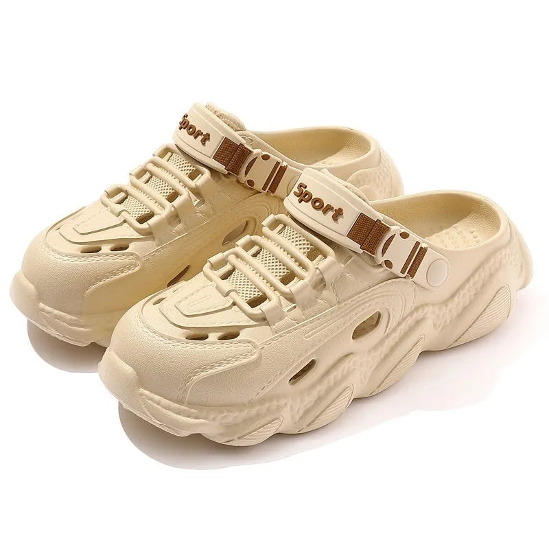 Men's khaki outdoor slippers showing hollow-out breathable design with textured non-slip EVA sole