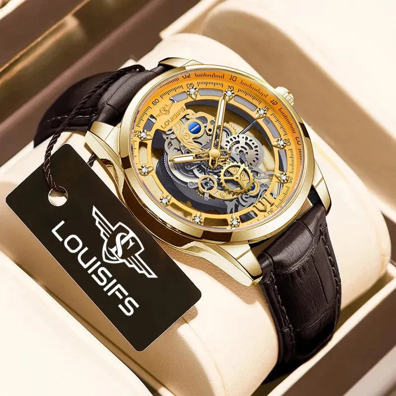 Men's Swiss quartz business watch with gold case and brown leather strap showing 12mm thickness