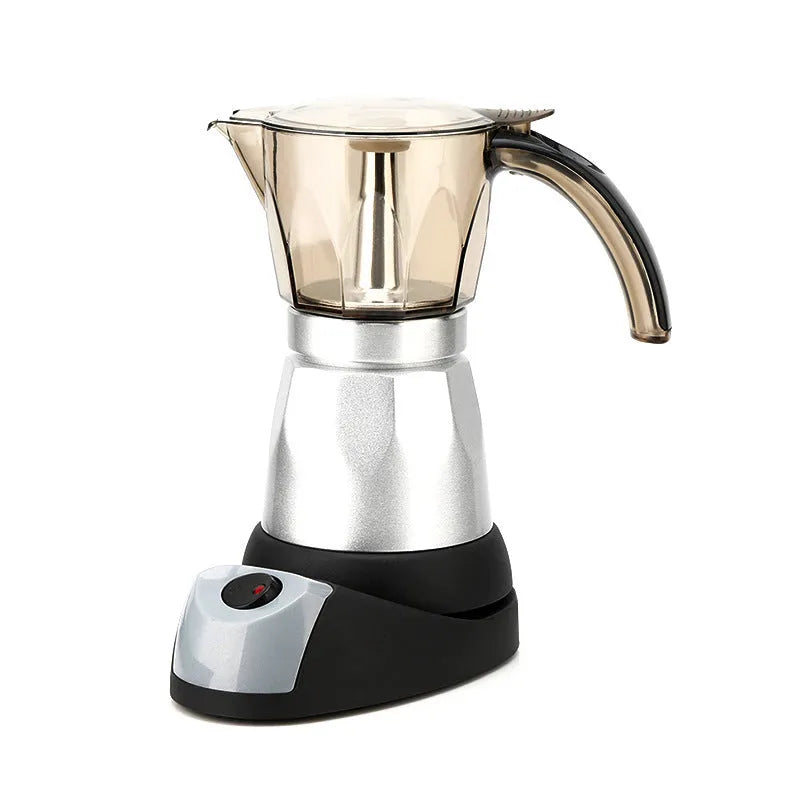 Octagonal electric Moka pot in silver aluminium with EU plug on a kitchen countertop