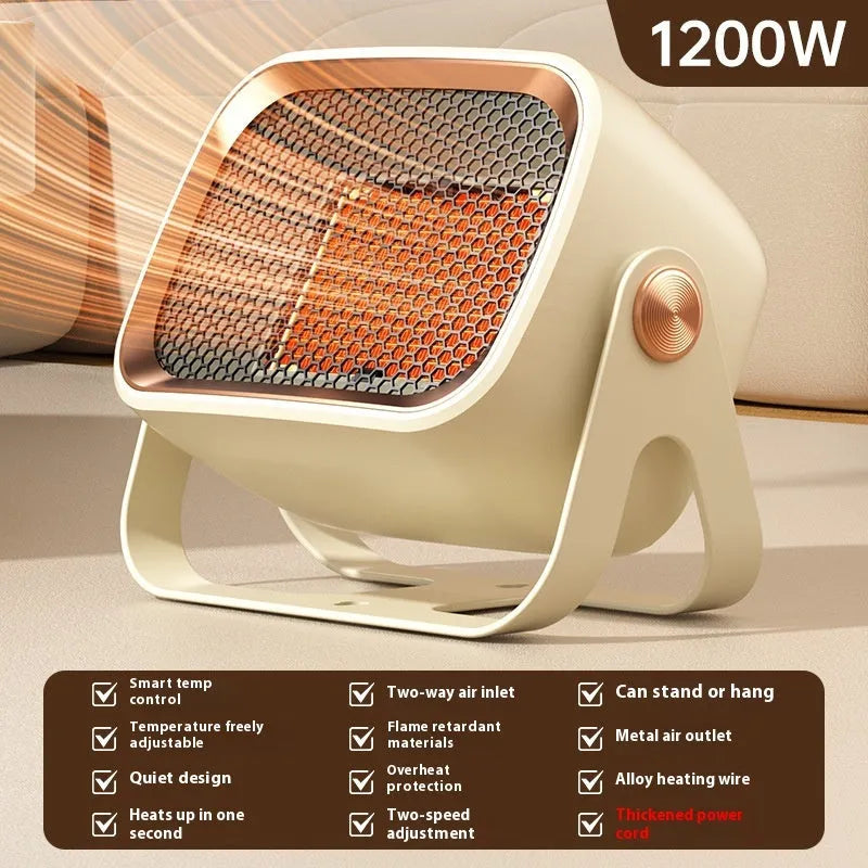Compact white desktop ceramic heater with push buttons on a wooden desk.