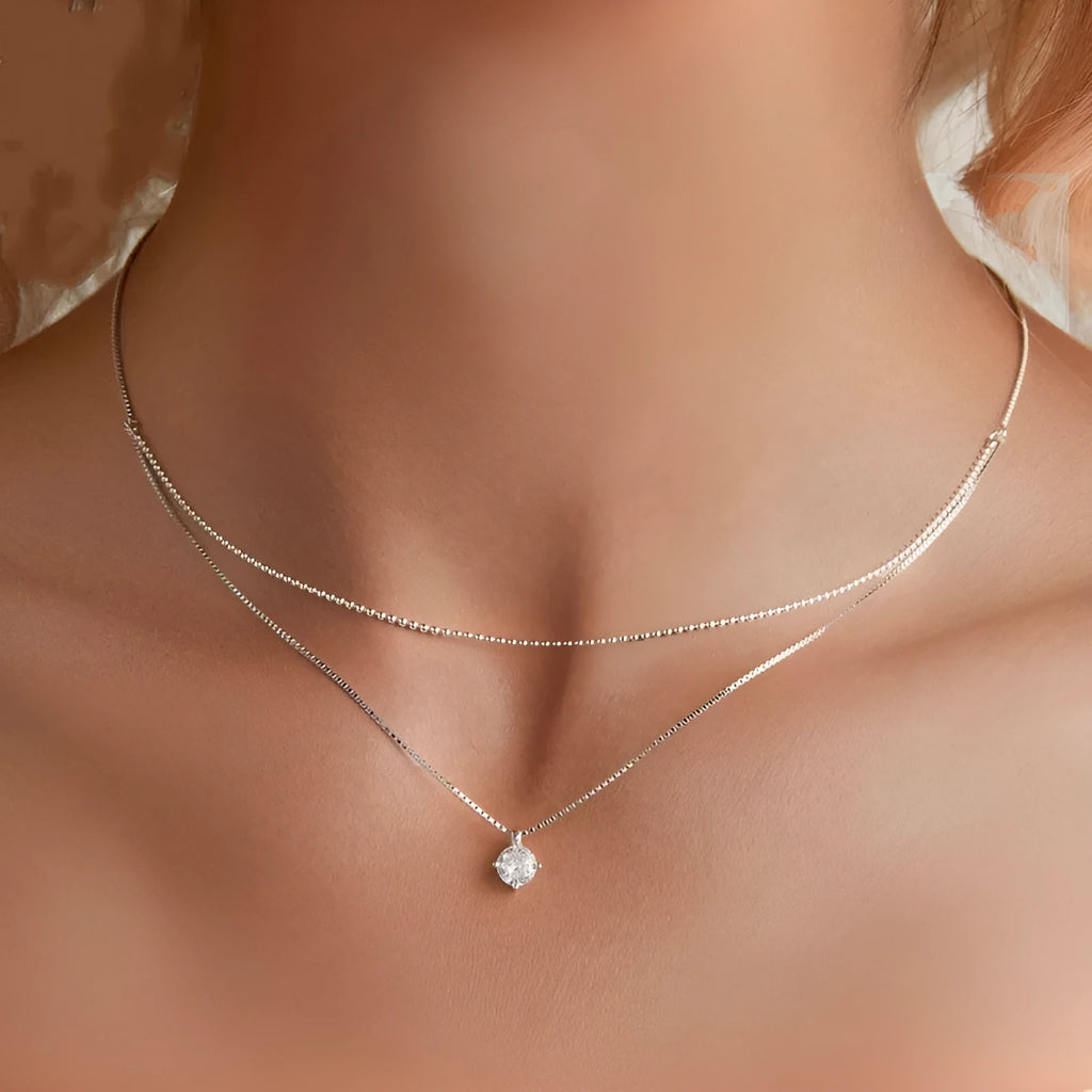 Women's double-layer silver necklace with 925 sterling silver pendant and pearl chain design