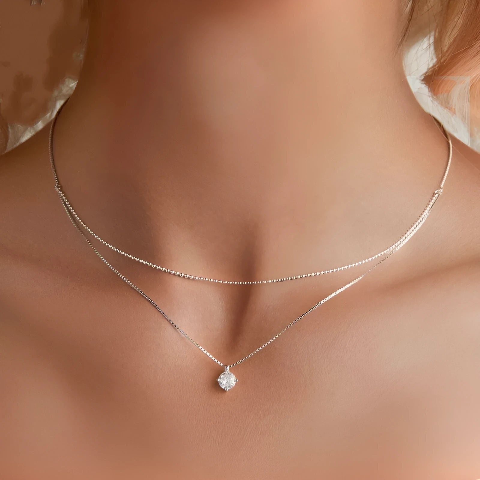 Women's double-layer silver necklace with 925 sterling silver pendant and pearl chain design