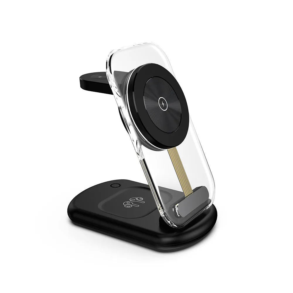 Transparent folding magnetic wireless charger showing internal components with black and white colour options