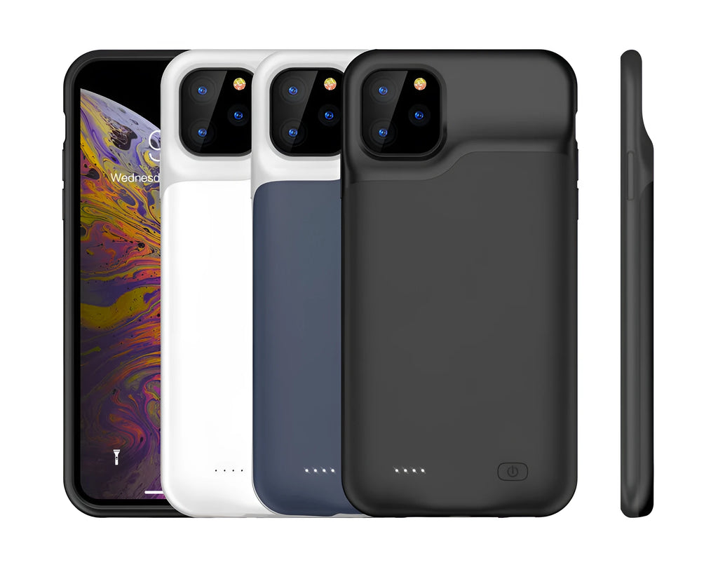 Shockproof silicone iPhone battery charger case in black, showing phone model compatibility list and high capacity rating.