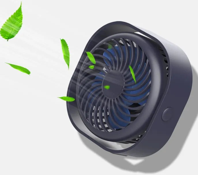 USB desk fan alarm clock with 360-degree rotation in deep blue colour