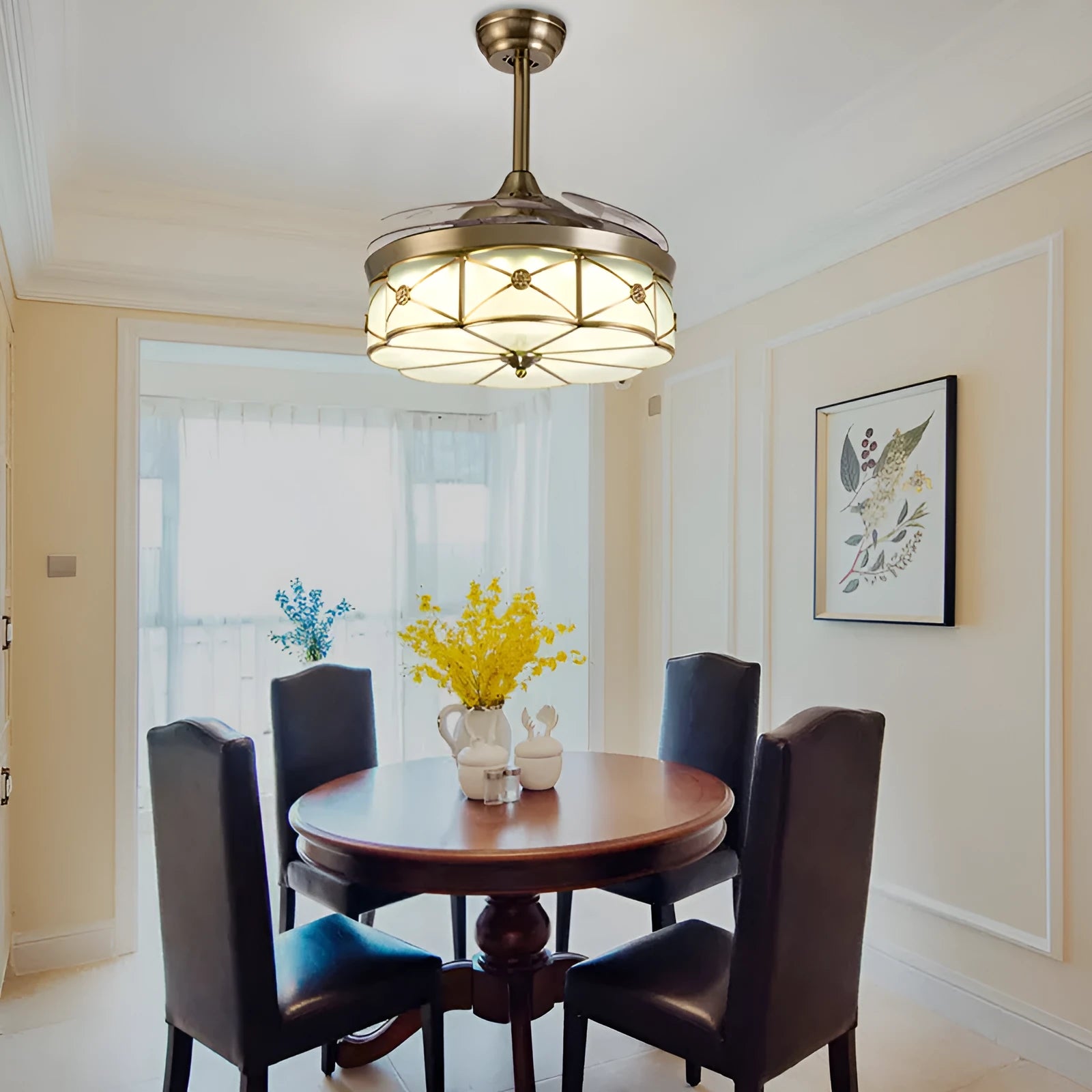 Gold ceiling fan light with invisible blades and remote control, 42-inch diameter with LED lighting