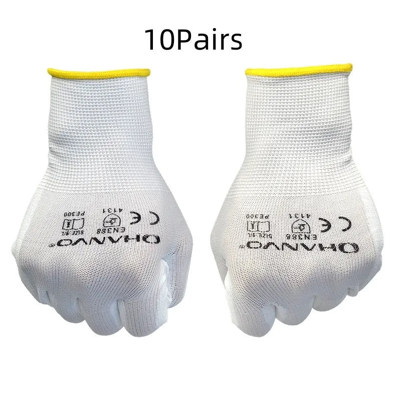 White PU coated labour gloves showing palm detail with wear-resistant coating and flexible construction