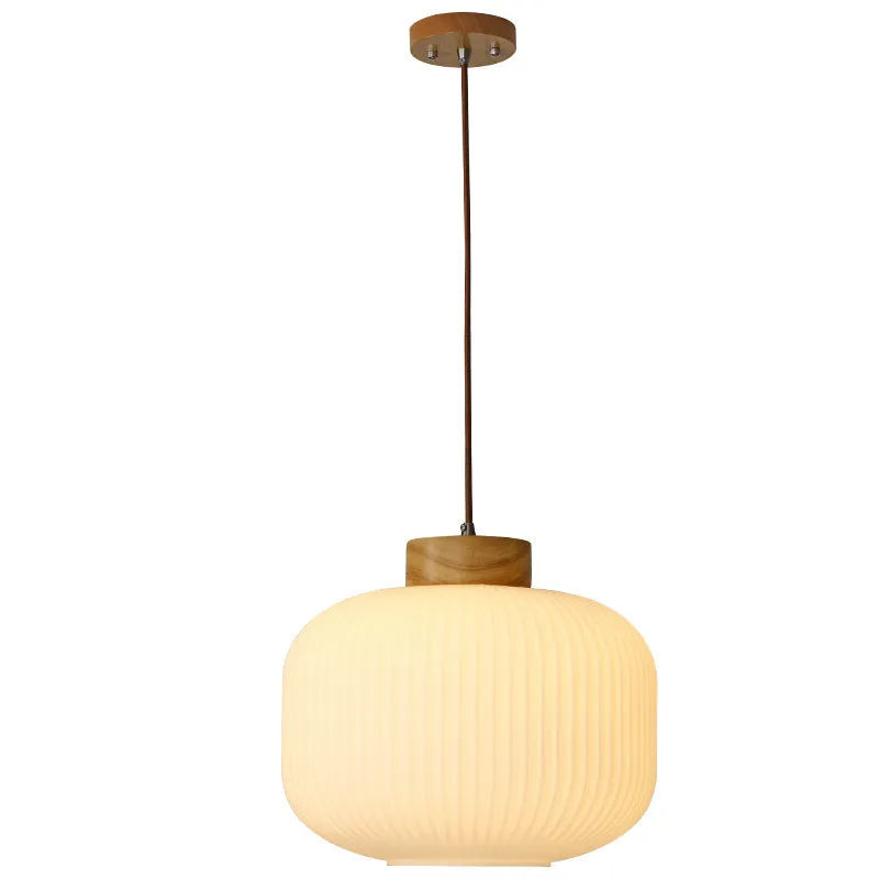 Nordic style wooden pendant ceiling light with solid wood retro design in a bedroom setting.