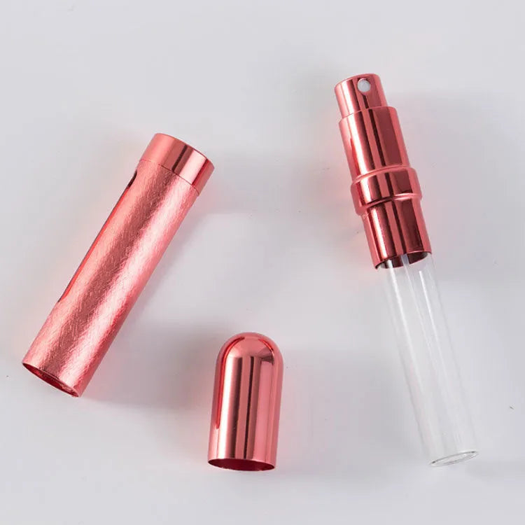 Slim 12ml aluminium travel perfume bottle in six colour options: blue, gold, pink, red, silver, violet.