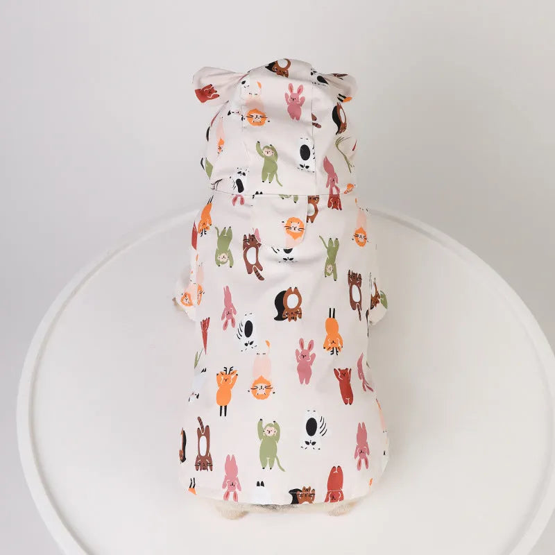 Beige cartoon dog raincoat with double waterproof coating in small animal or cat head design