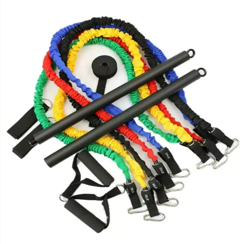 A two-segment push-and-pull fitness rod for yoga and pilates exercises.