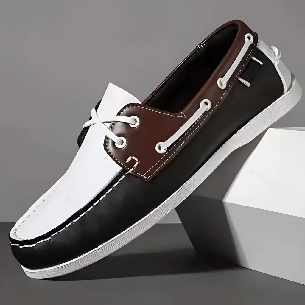 Men's British style casual shoes in artificial PU with round toe and flat heel, shown in solid colour options.