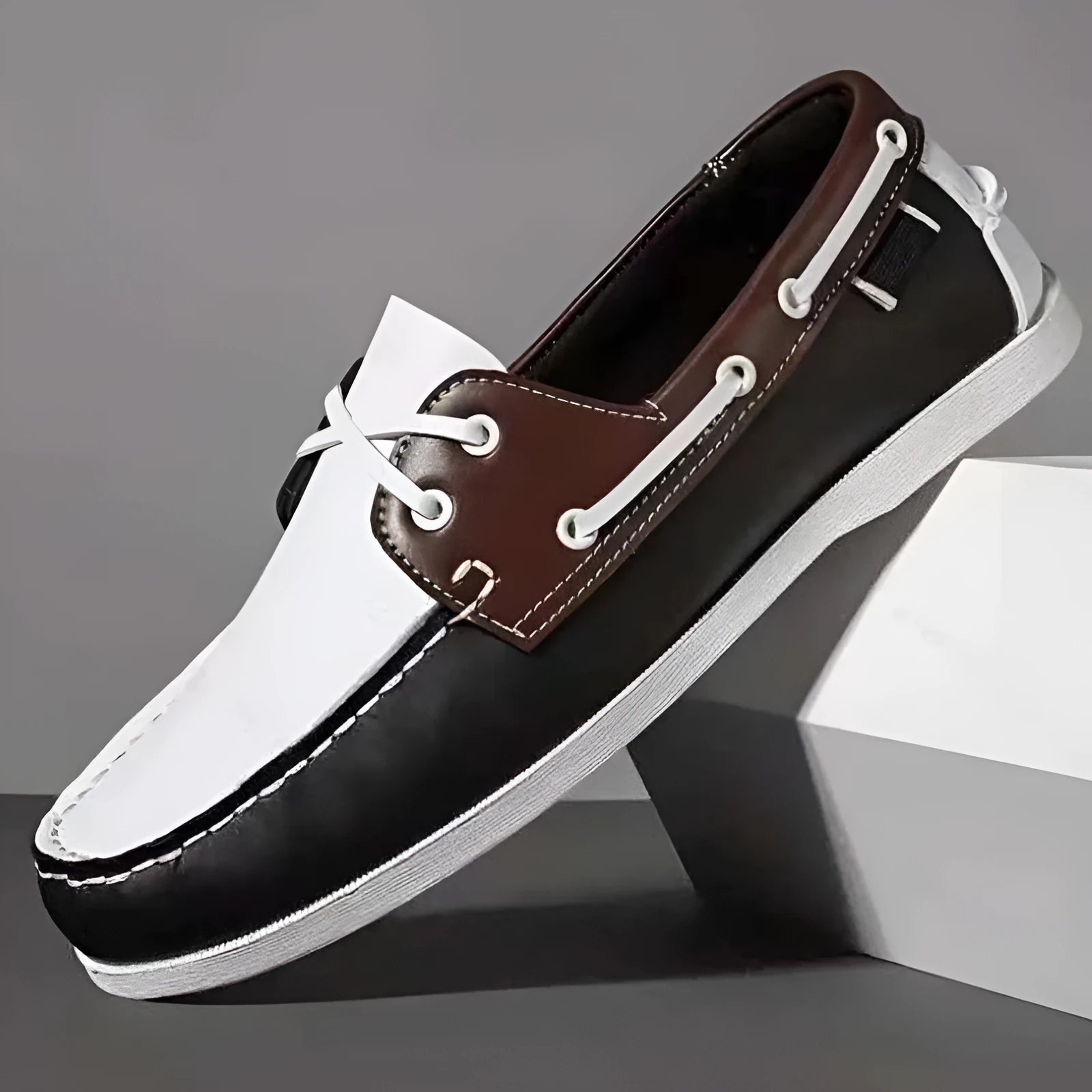 Men's British style casual shoes in artificial PU with round toe and flat heel, shown in solid colour options.