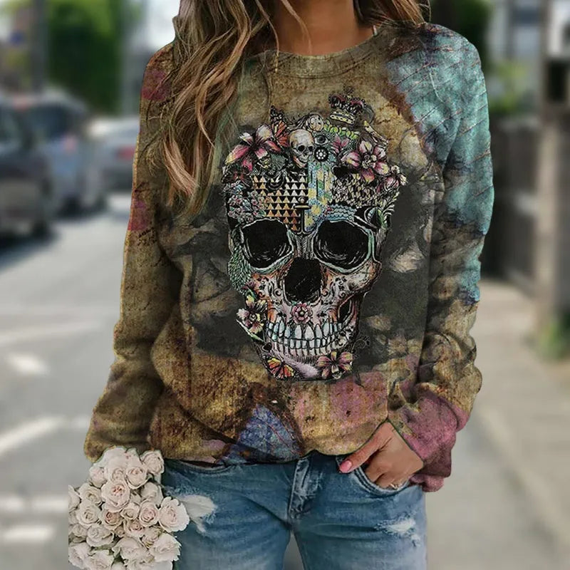 Black long sleeve sweatshirt with skull print design on polyester fabric