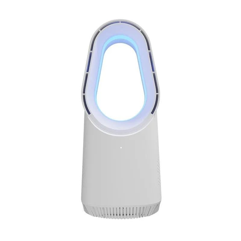 White bladeless tower fan with remote control and touch screen buttons