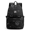 Purple and geometric design girls large capacity nylon backpack with curved backpanel.