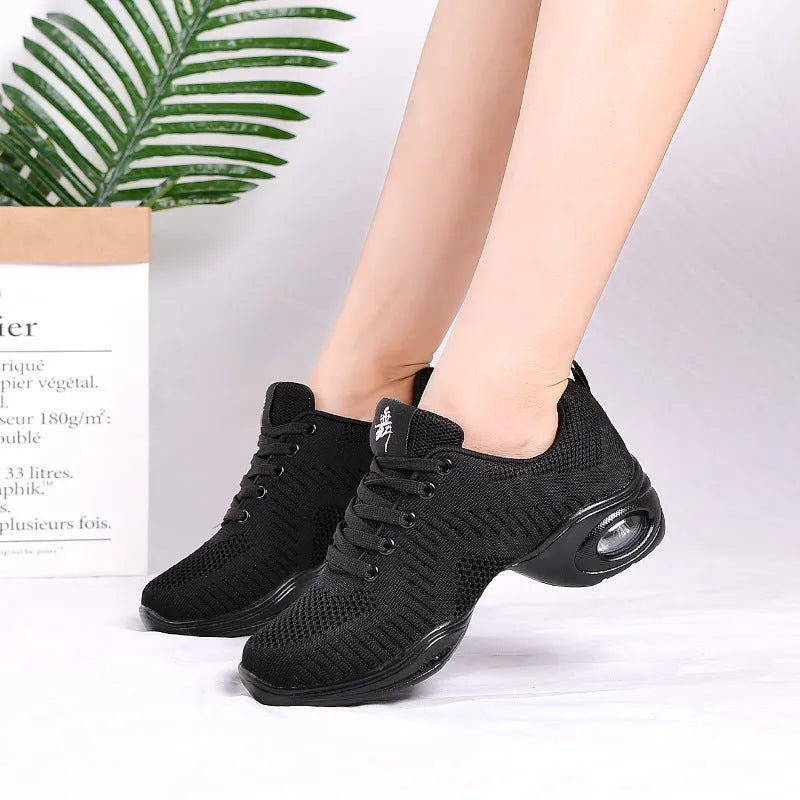 Women's breathable fly woven mesh dance shoes in a light colour with a flexible PU sole.