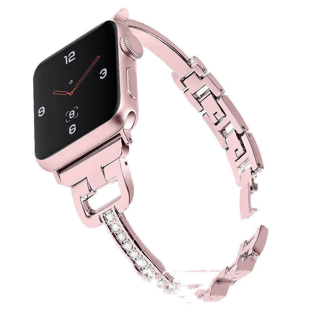 D-shaped metal diamond strap for Apple Watch in multiple colours on a grey background.