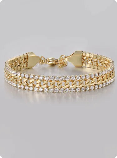 Gold colour tennis bracelet with artificial gemstone inlay on titanium steel band