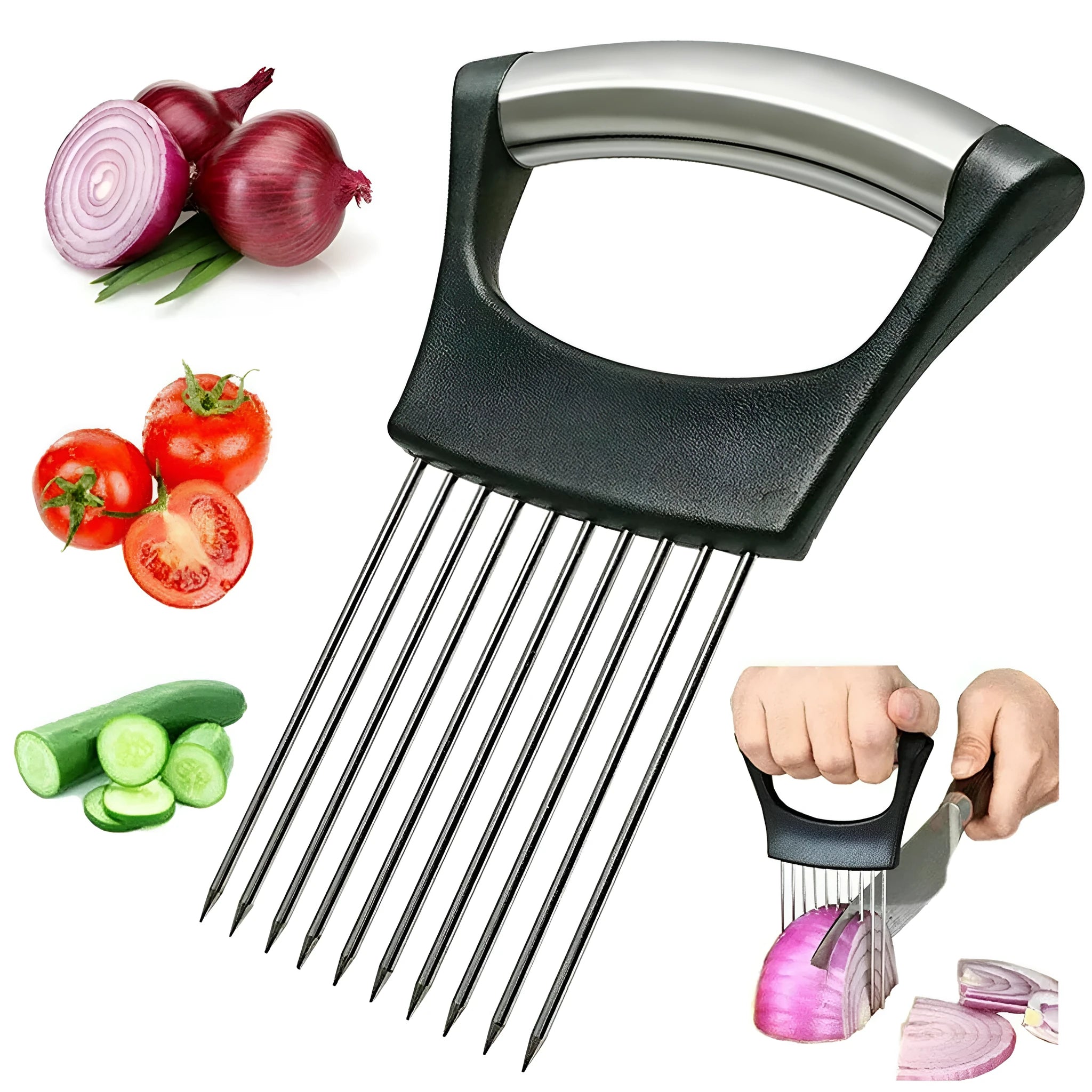 Stainless steel and ABS food slice assistant measuring 14cm by 9.5cm for holding vegetables during kitchen preparation