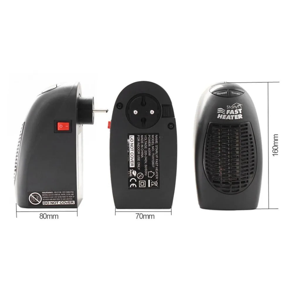 Black mini portable electric heater showing digital display and rotating plug on a white background.