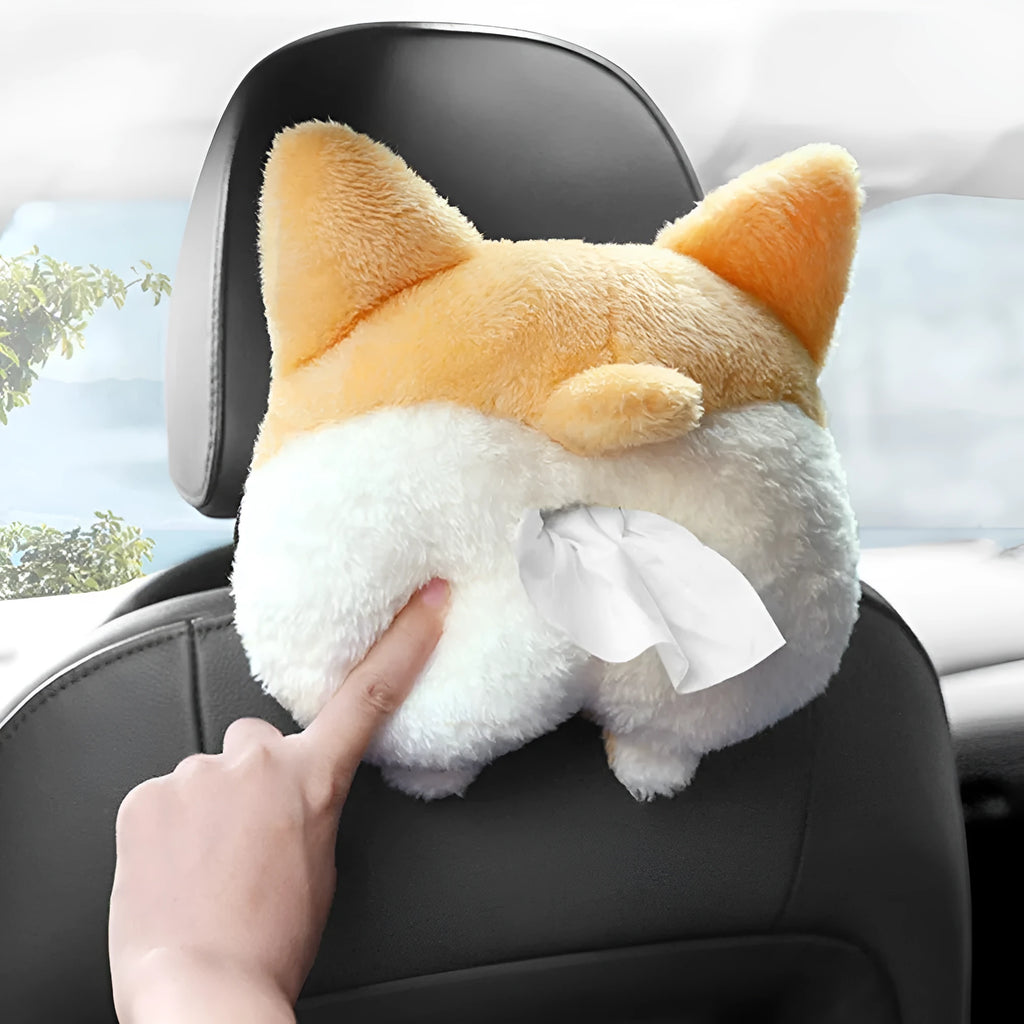 Soft yellow Corgi butt shaped tissue box cover with elastic strap for car sun visor