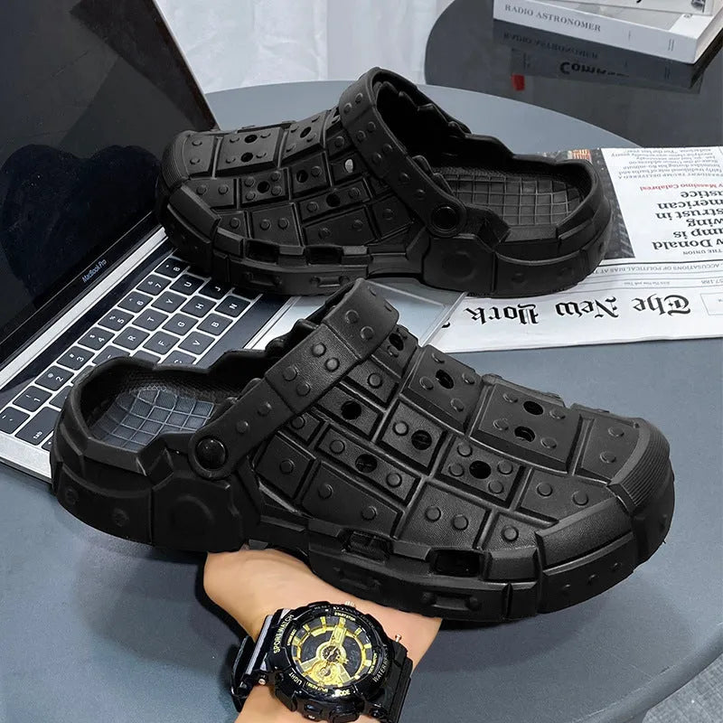 Men's black EVA sandal slippers with a thick non-slip sole and toe holder.