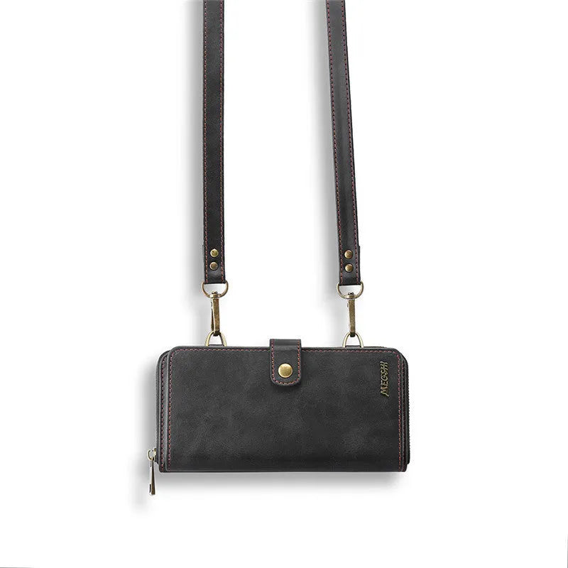 Black detachable wallet backpack phone case open, showing card slots and strong adsorption leather for a smartphone.
