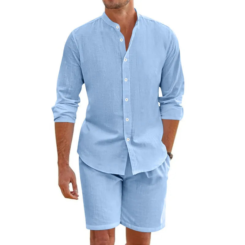 Men's dark grey hemp linen blend summer short suit with lapel shirt and drawstring shorts on a hanger.