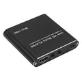 Compact black and blue all-metal 1080p HD media player with remote control on a wooden surface.
