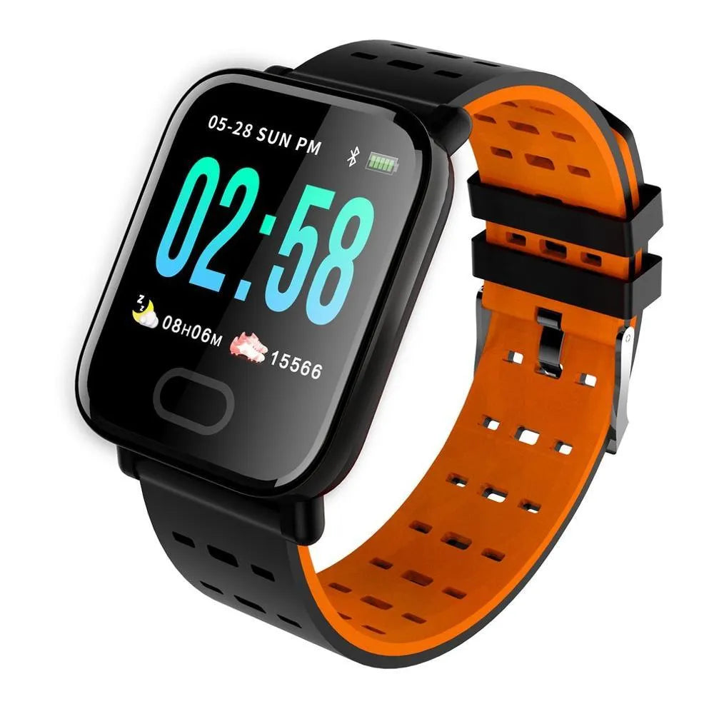 A6 smart bracelet with colour screen and black silicone strap showing fitness data.