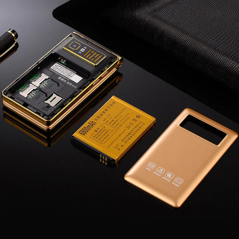 Dual Screen Flip A15 phone in black, gold, or coffee colour, showing internal and external screens.