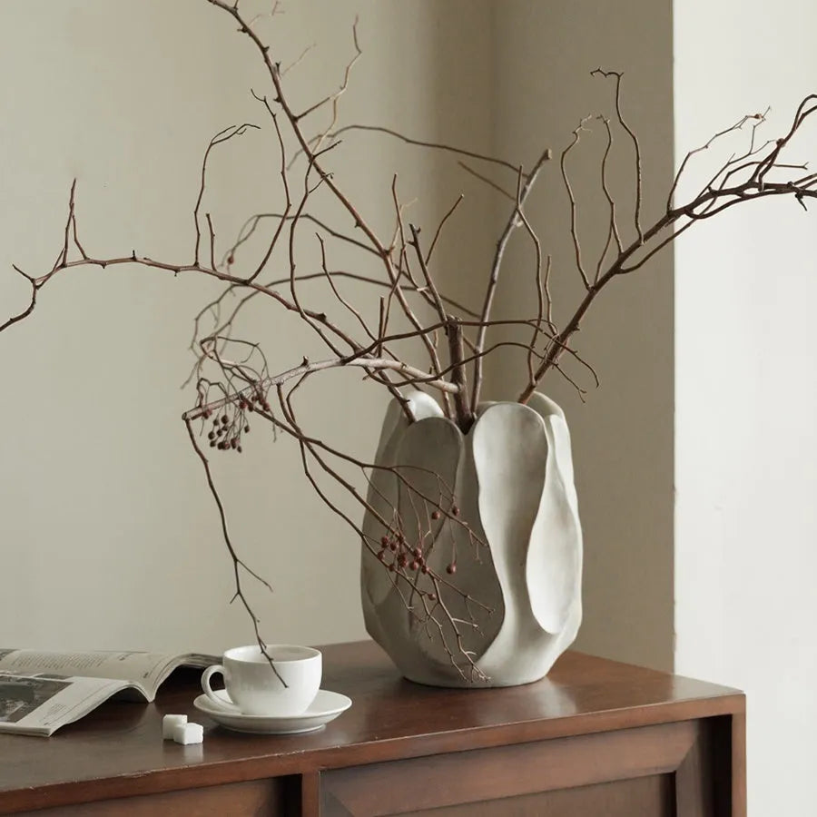 Irregular ceramic art vase with resin flower holder in high and low style options