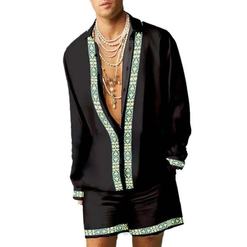 Men's casual summer shirt and shorts set in slim fit design with colour matching pattern