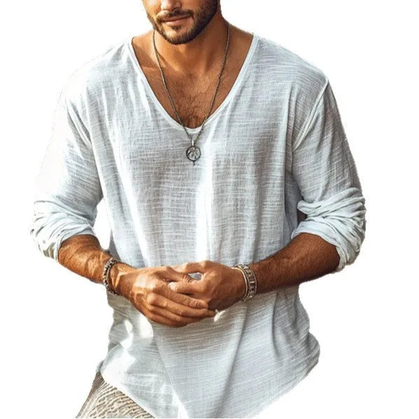 Beige V-neck long-sleeved slim fit T-shirt made from a hemp blend fabric.