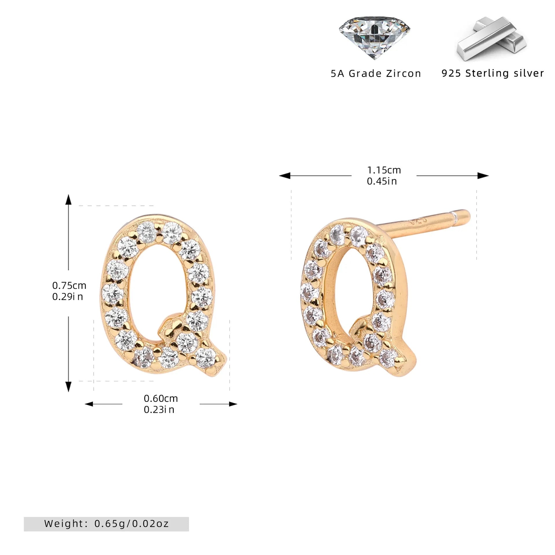 925 silver letter ear stud with electroplated gold finish, alphabet motif