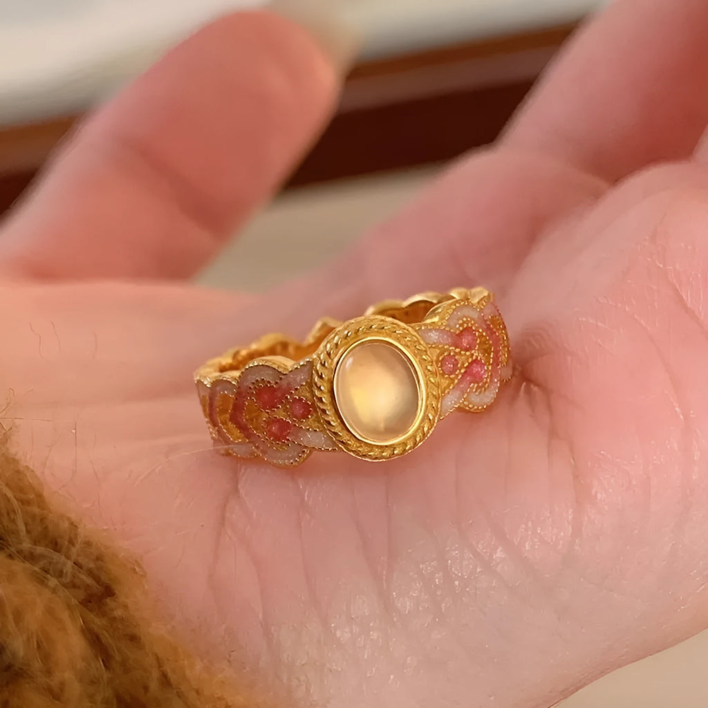 Open mouth adjustable copper ring with geometric design and pink crystal enamel decoration for women